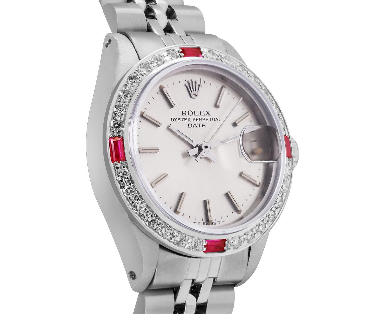Rolex Ladies Stainless Steel Silver Index Diamond And Ruby Rolex Date Wristwatch
