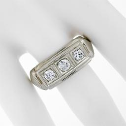 Men's Antique Art Deco 14K White Gold 0.75 ctw European Diamond 3 Stone Band Rin