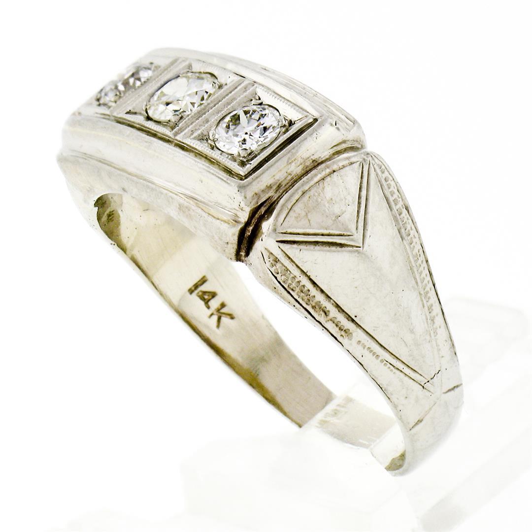 Men's Antique Art Deco 14K White Gold 0.75 ctw European Diamond 3 Stone Band Rin