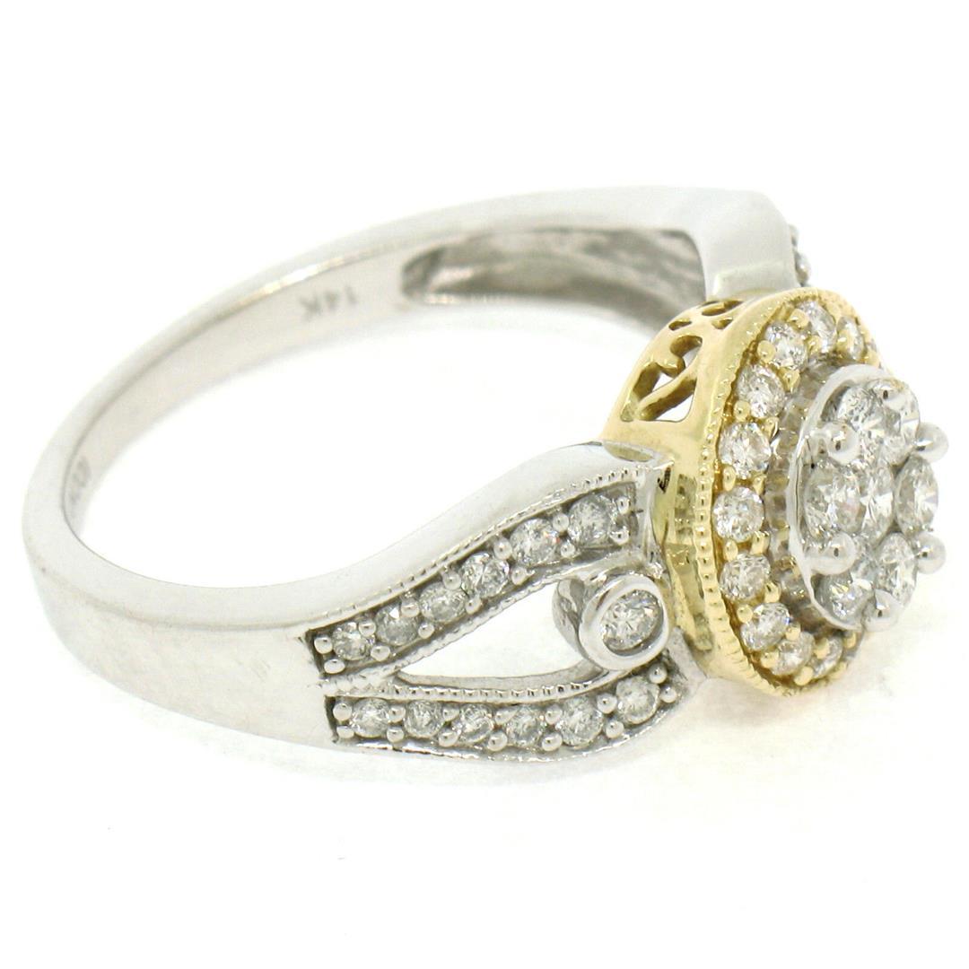 NEW 14k White & Yellow Gold Milgrain 0.75 ctw Pave Set Round Diamond Cluster Rin