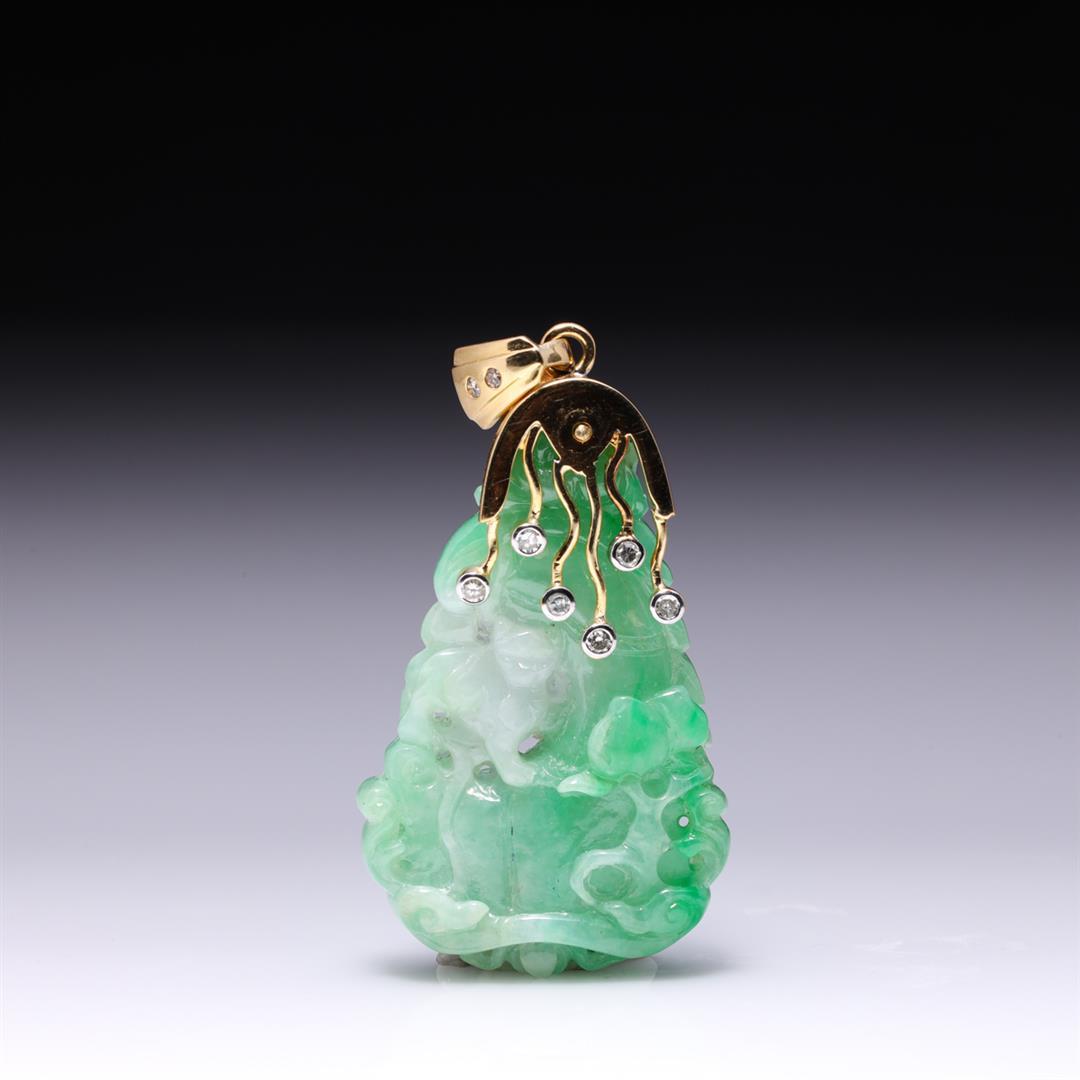 Chinese Carved Jadeite Pendant with 18K Yellow Gold & Diamond Mount