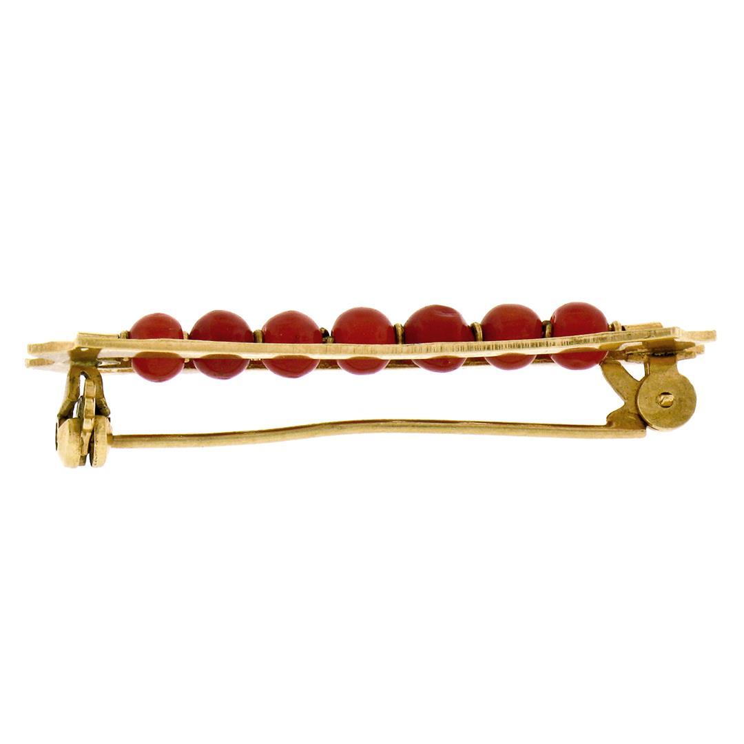 Vintage Italian Faceted 18K Yellow Gold Round Ox Blood Coral Bead Bar Pin Brooch