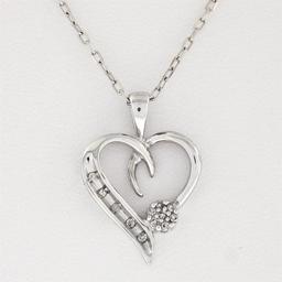 10k White Gold Pave Set Single Cut Diamond Open Heart Flower Cluster Pendant Nec