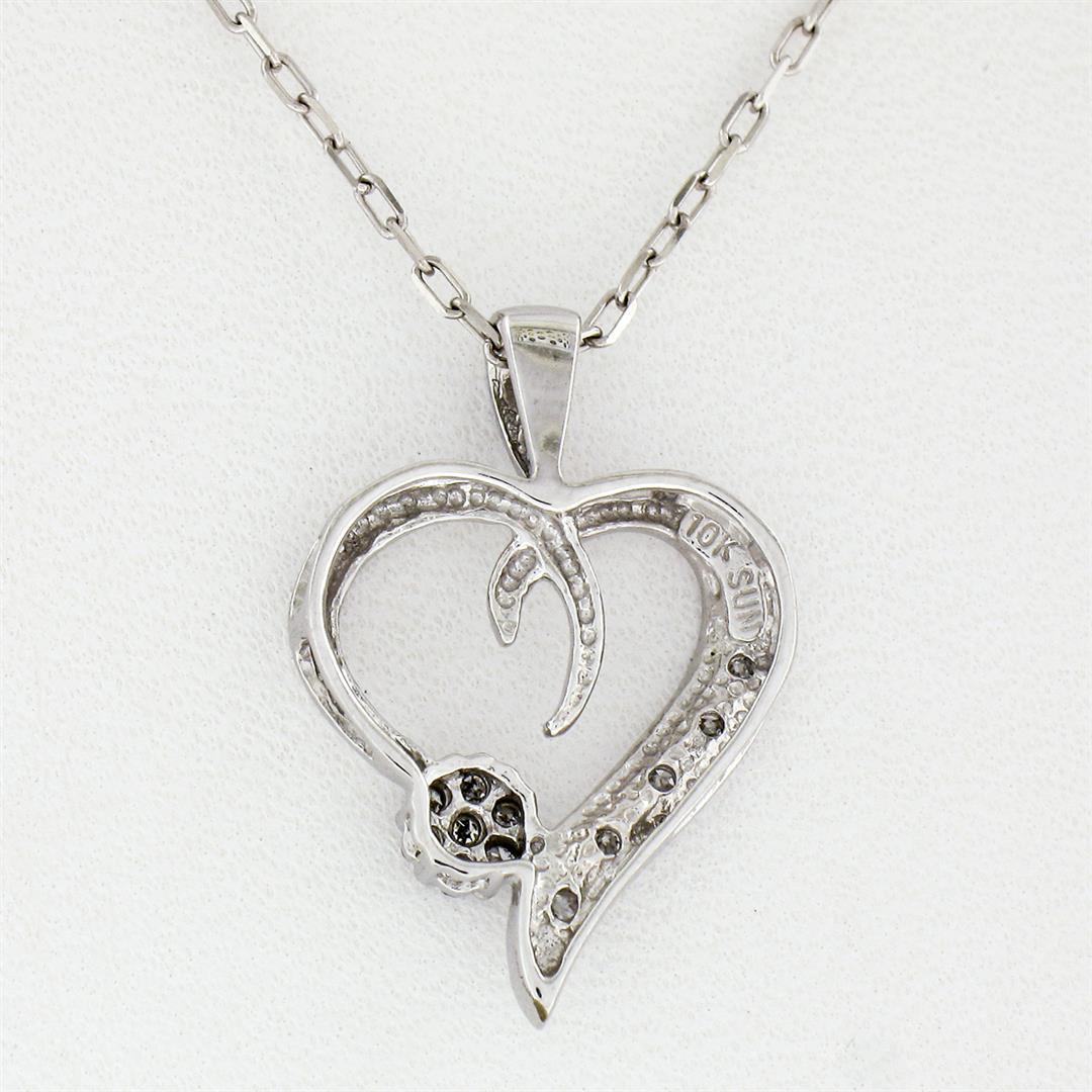 10k White Gold Pave Set Single Cut Diamond Open Heart Flower Cluster Pendant Nec