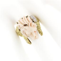 Vintage 14k Gold LARGE Hand Carved Lion's Head Soft Pink Angel Skin Coral Ring