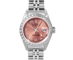 Rolex Ladies Stainless Steel Salmon Roman 18K White Gold Diamond Bezel Datejust