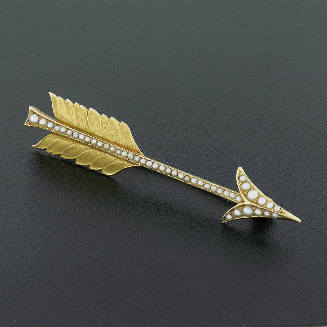 Antique Art Nouveau Solid 14k Yellow Gold Detailed Seed Pearl Arrow Pin Brooch