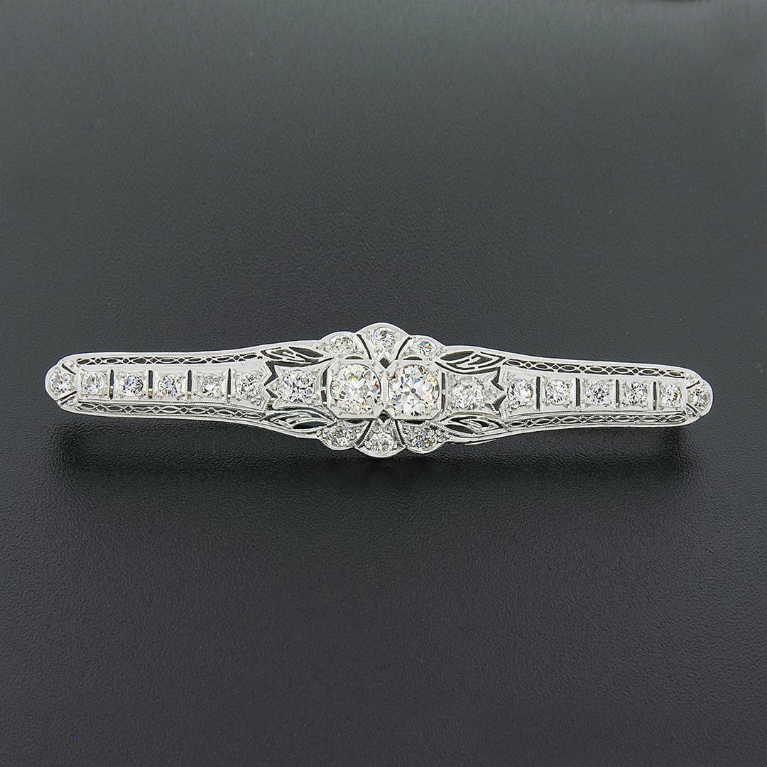 Antique Art Deco Platinum 4.04 ctw Old European Diamond Filigree Bar Pin Brooch