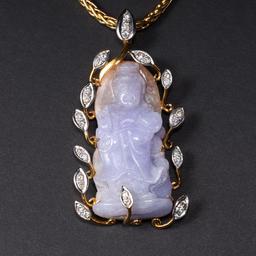 18K Gold, Carved Jadeite & Diamond Pendant & Necklace by Victor Loo