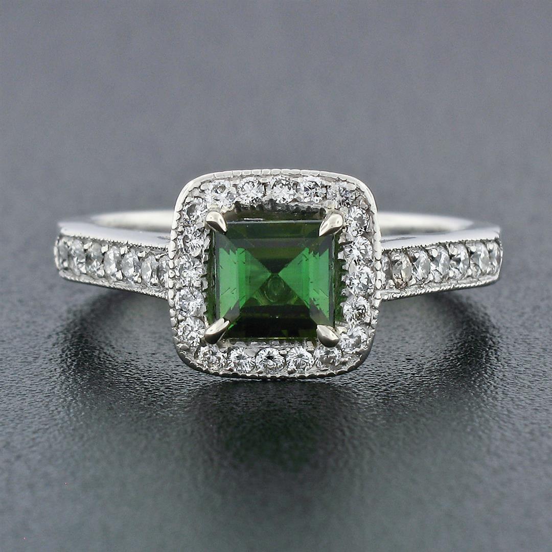 Platinum 1.51 ctw Square Step Cut Green Tourmaline Solitaire Ring w/ Diamond Hal