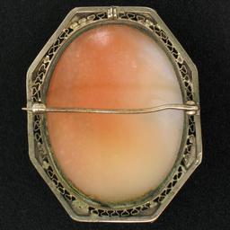 Vintage 14K White Gold Bezel Set Oval Open Detailed Work Cameo Pin Brooch