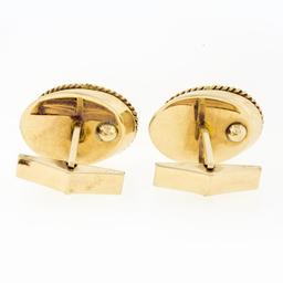 Vintage Men's 14K Yellow Gold Jade Disc Oval Florentine Twisted Wire Cufflinks