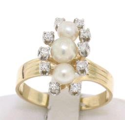 Vintage 14k Yellow Gold Pearl Diamond Accents Halo Elongated Dinner Ring Sz 7.5