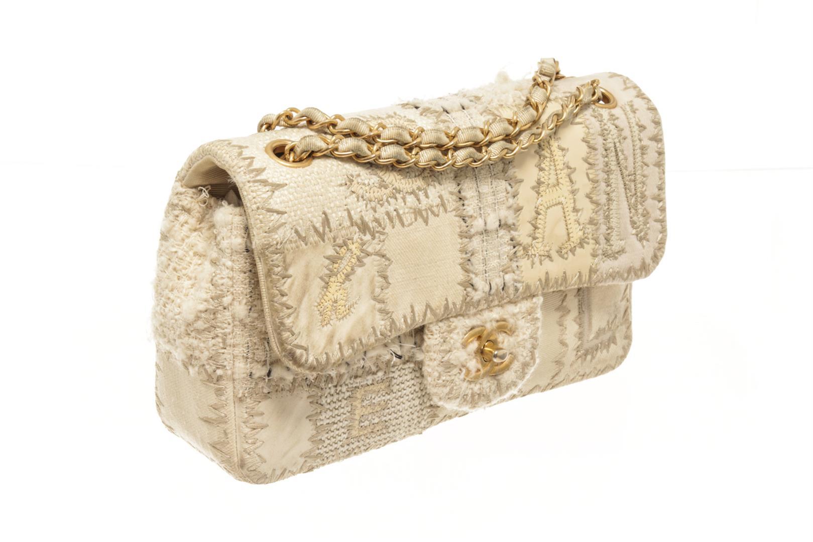 Chanel Beige White Canvas Tweed Medium Patchwork Jumbo Flap Shoulder Bag