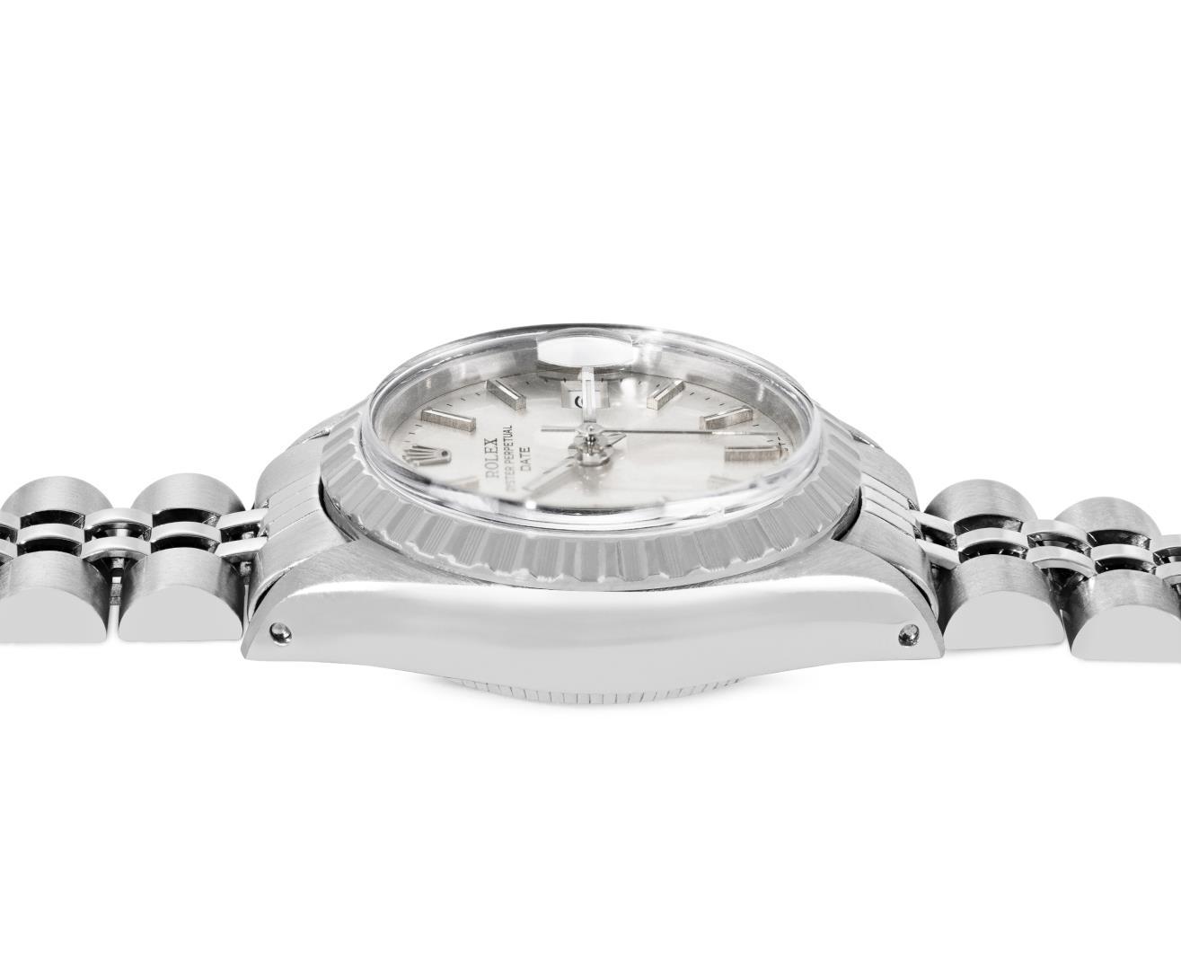 Rolex Ladies Stainless Steel Silver Index Engine Turn Bezel Watch With Rolex Box