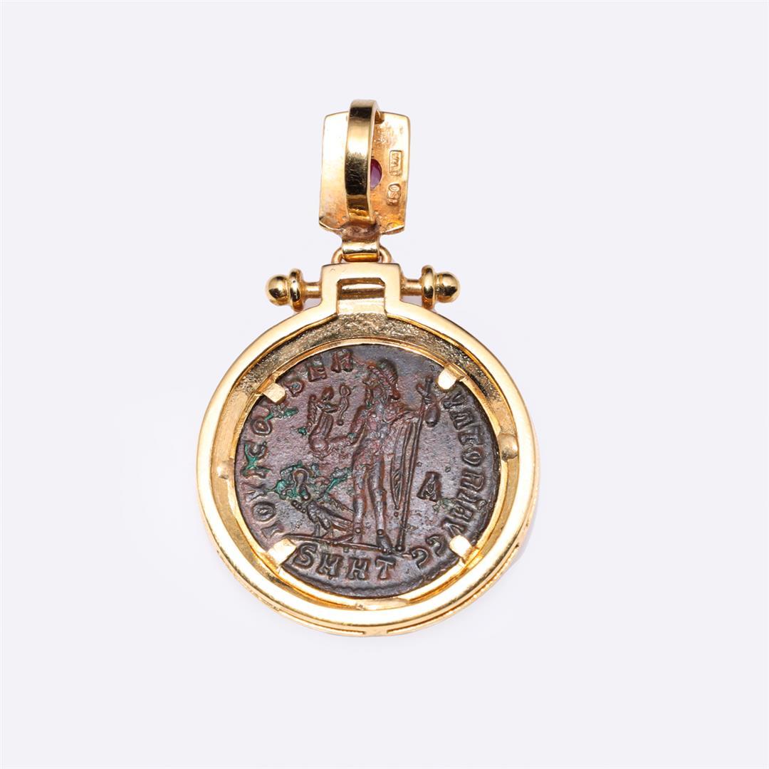 18K Yellow Gold Ruby & Ancient Roman Copper Coin Pendant