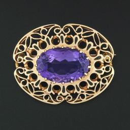 Vintage 14k Gold 13.0 ctw Oval Amethyst Black Enamel Open Work Pendant Pin Brooc