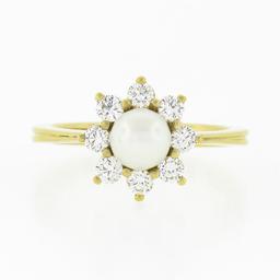 NEW Classic 18k Yellow Gold 5.25mm Pearl .40 ctw Round Diamond Flower Cluster Ri