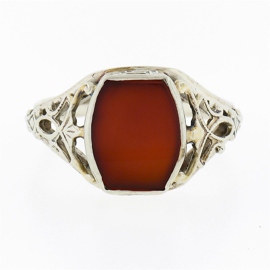 Antique 14k White Gold Bezel Custom Carnelian Solitaire Filigree Open Work Ring