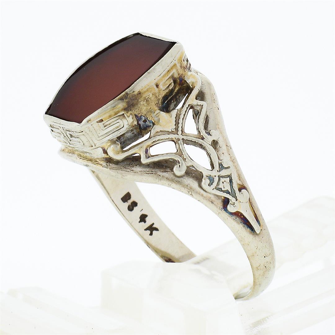 Antique 14k White Gold Bezel Custom Carnelian Solitaire Filigree Open Work Ring