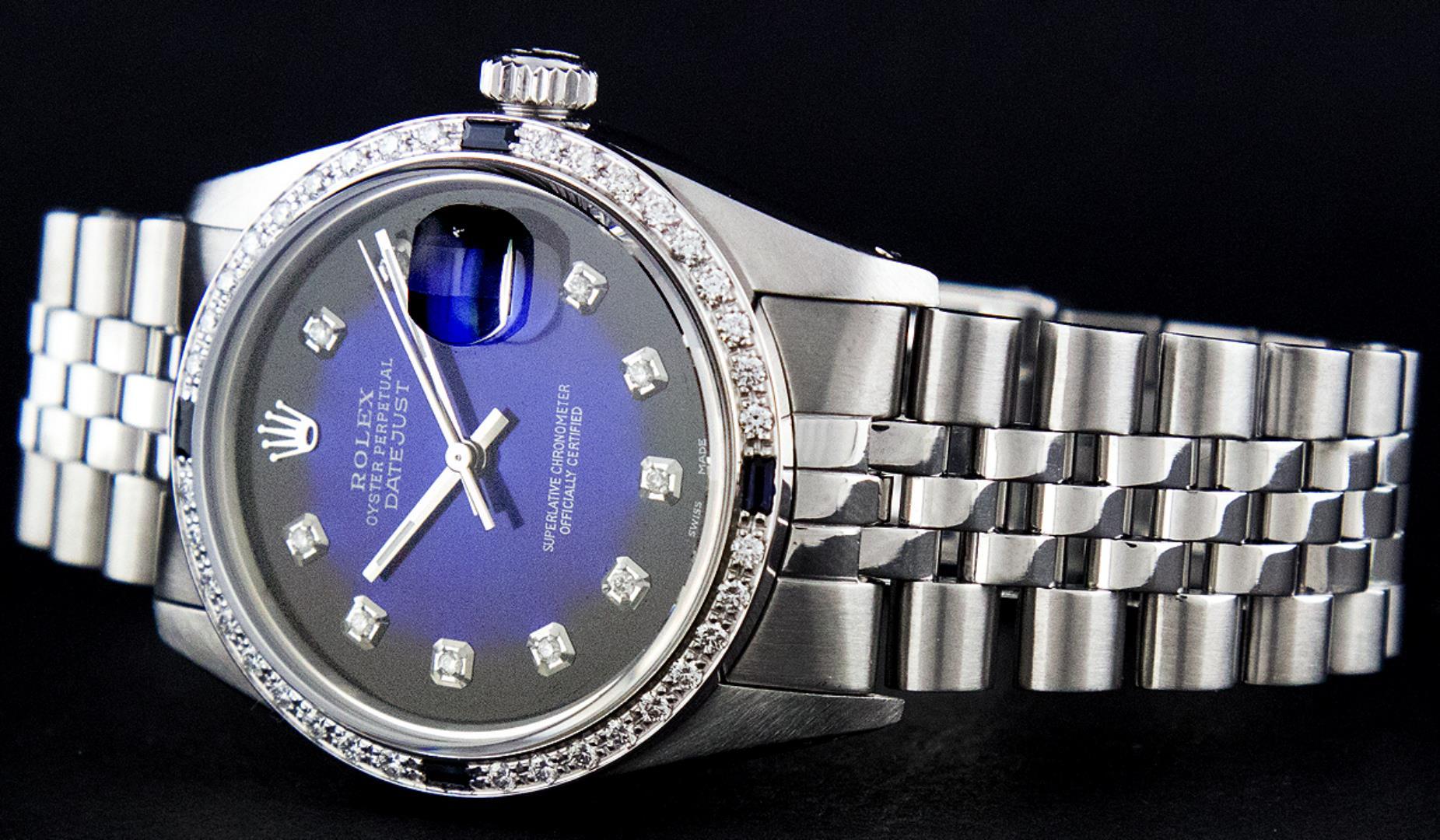 Rolex Mens Stainless Steel Blue Vignette Diamond And Sapphire Datejust Wristwatc