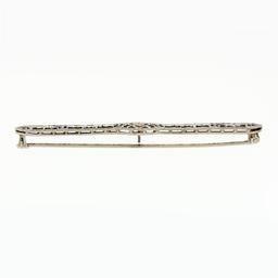 Antique Art Deco 14k White Gold Mine Cut Diamond Open Filigree Bar Pin Brooch