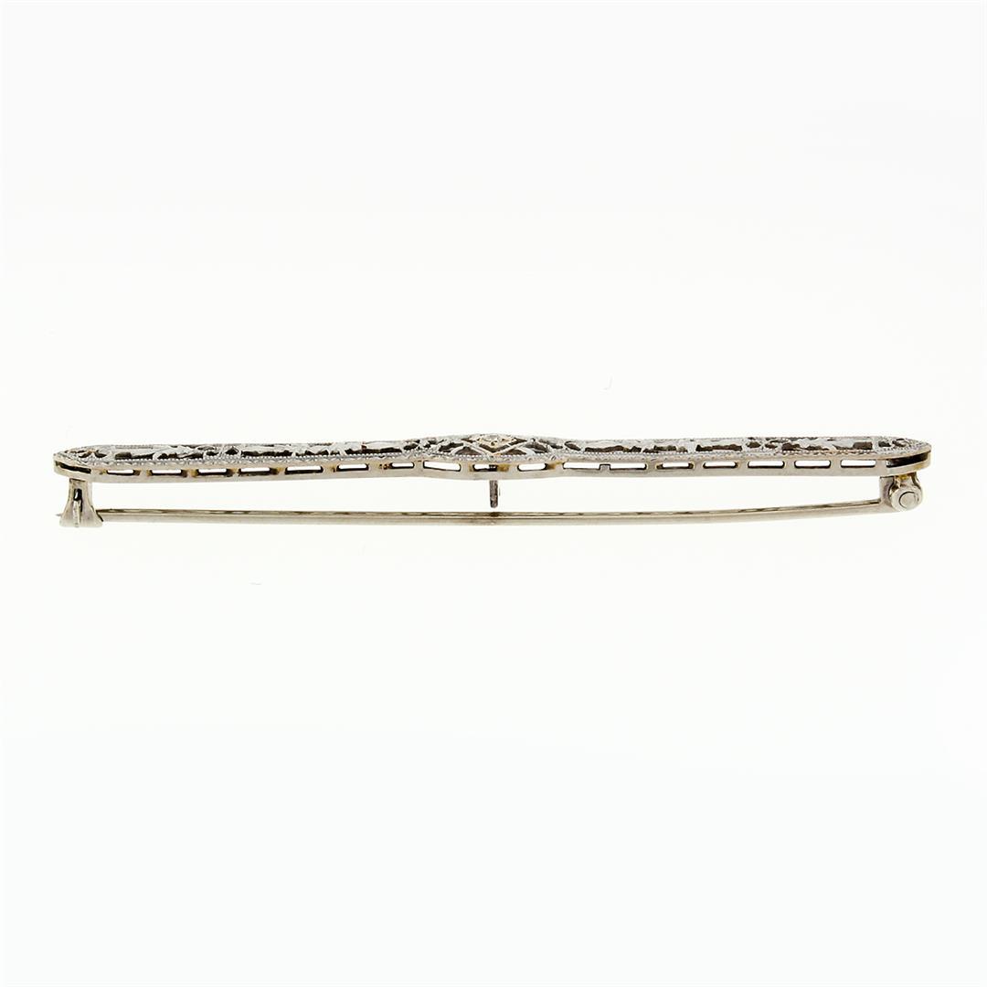 Antique Art Deco 14k White Gold Mine Cut Diamond Open Filigree Bar Pin Brooch