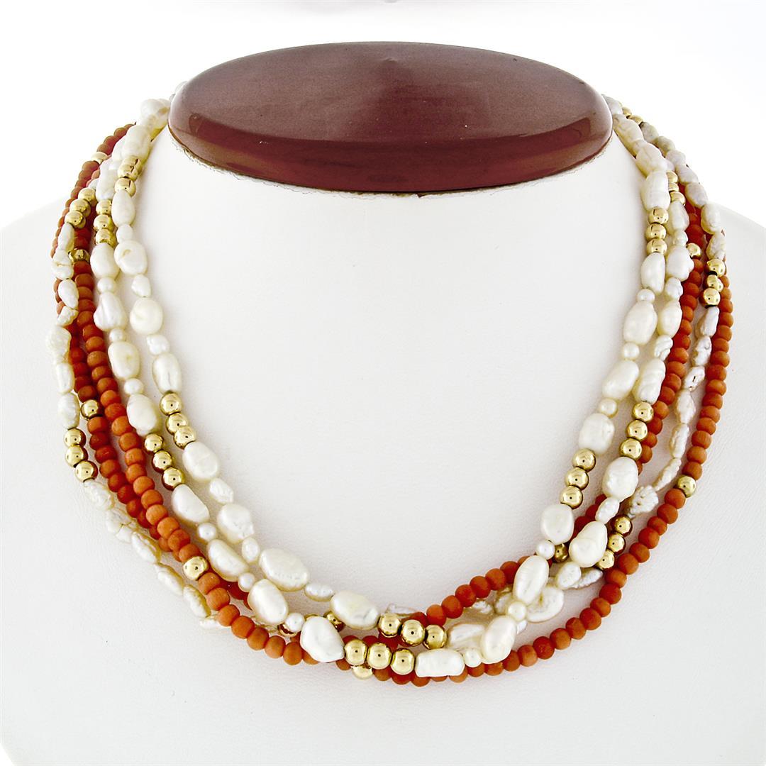 Vintage 14k Gold 16" Multi Strand Freshwater Pearl Coral Bead Torsade Necklace