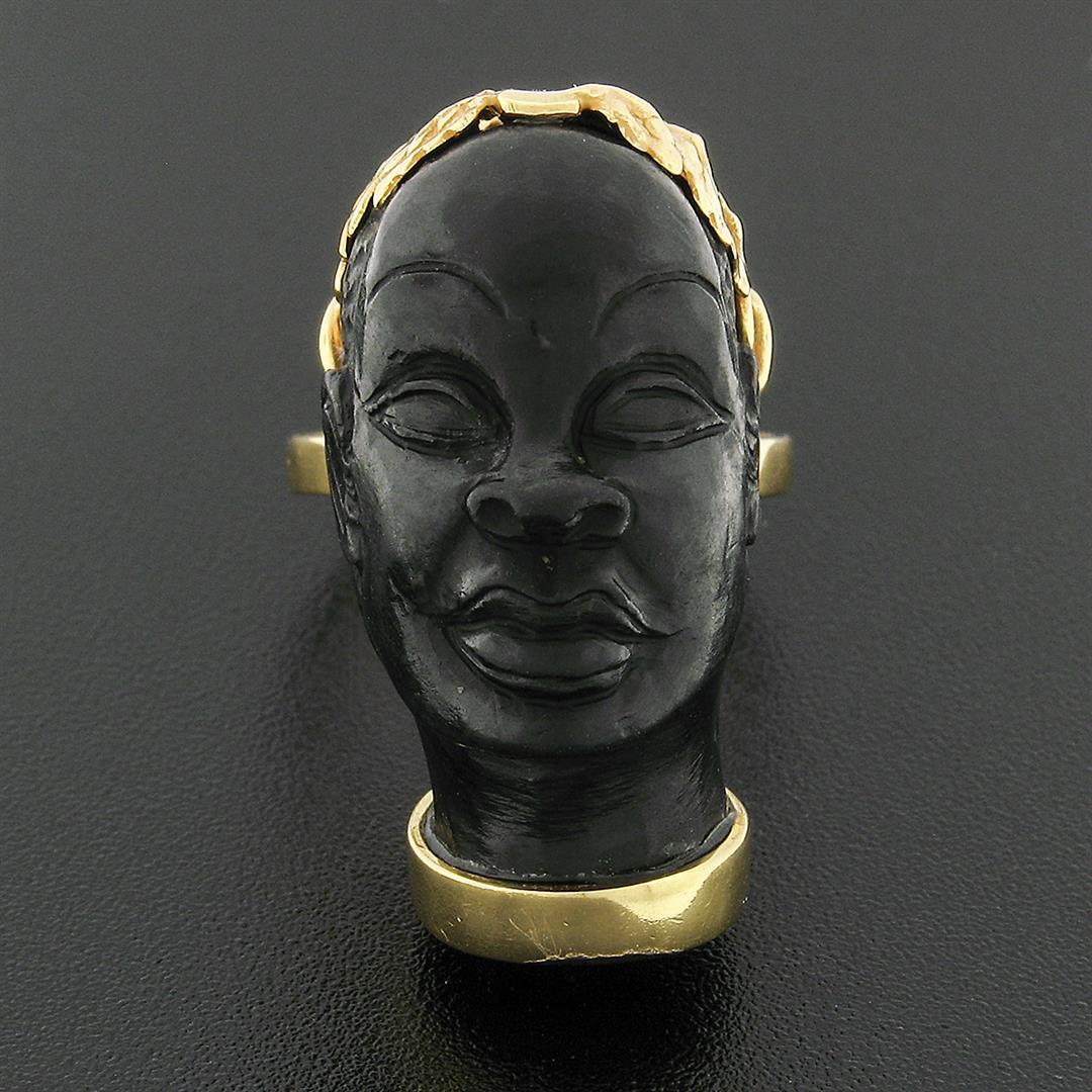 Vintage 14k Yellow Gold Carved Face Detailed Blackamoor Ring w Open Work Setting