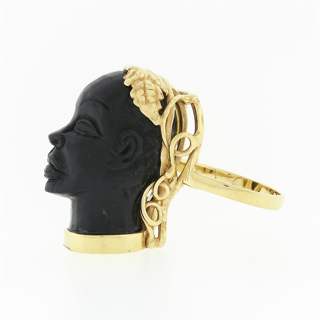 Vintage 14k Yellow Gold Carved Face Detailed Blackamoor Ring w Open Work Setting