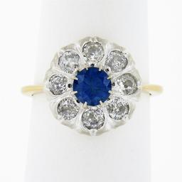 Antique FRENCH 18k TT Gold GIA NO HEAT Sapphire & Diamond Flower Cluster Ring