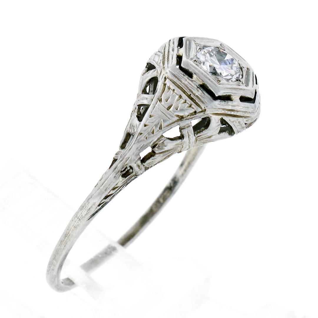 Antique Art Deco 18k Gold 0.26 ctw European Diamond Solitaire Etched Filigree Ri