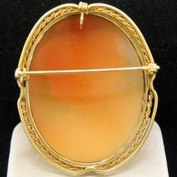 Vintage 14k Yellow Gold Twisted Wire Frame Carved Shell Cameo Brooch Pin Pendant