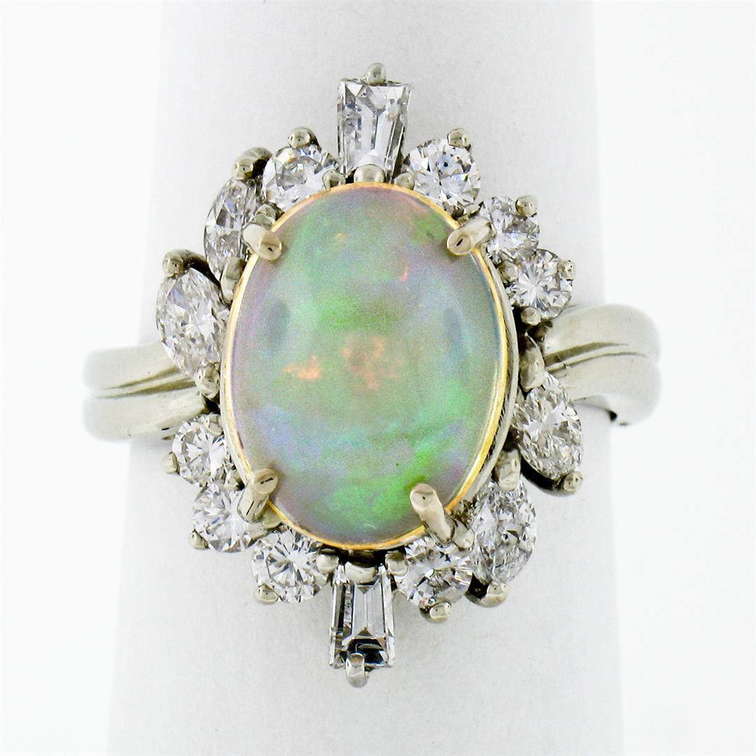 Estate FINE 14K Gold 3.81 ctw Cabochon Opal Round Baguette Diamond Cocktail Ring