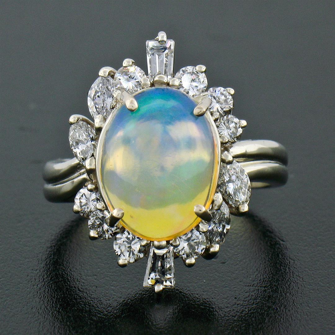 Estate FINE 14K Gold 3.81 ctw Cabochon Opal Round Baguette Diamond Cocktail Ring