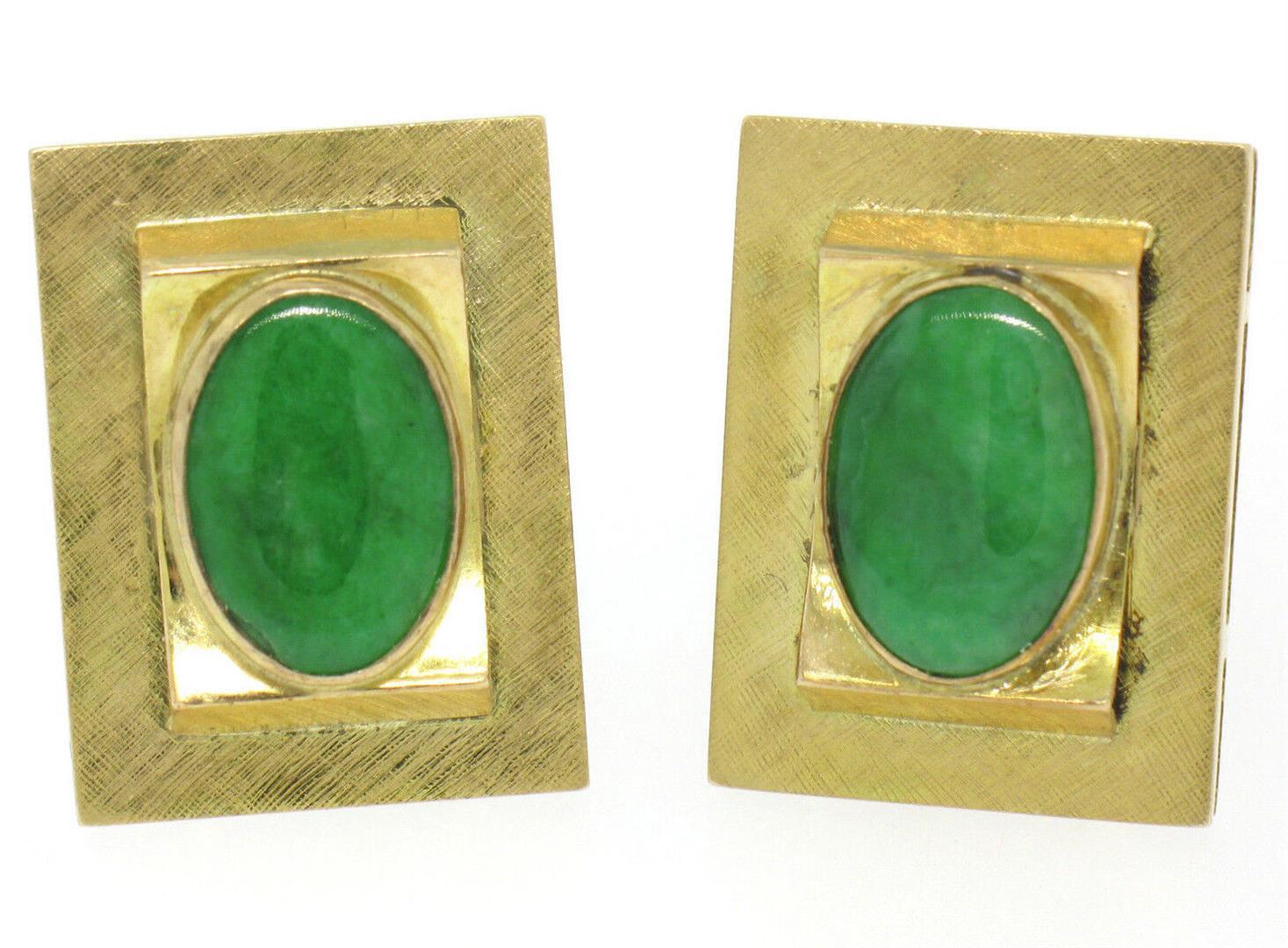 Vintage Men's 14k Yellow Gold EGL Deep Green Jadeite Jade Rectangular Cufflinks