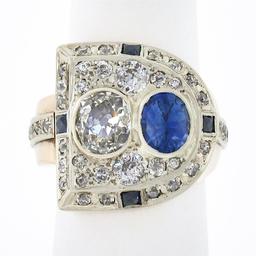 Antique Retro 14K Gold 3.65 ctw Bezel GIA Cushion Diamond & Sapphire Cocktail Ri