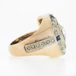 Antique Retro 14K Gold 3.65 ctw Bezel GIA Cushion Diamond & Sapphire Cocktail Ri