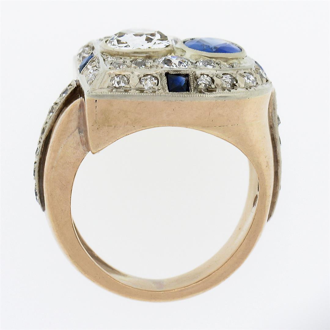 Antique Retro 14K Gold 3.65 ctw Bezel GIA Cushion Diamond & Sapphire Cocktail Ri