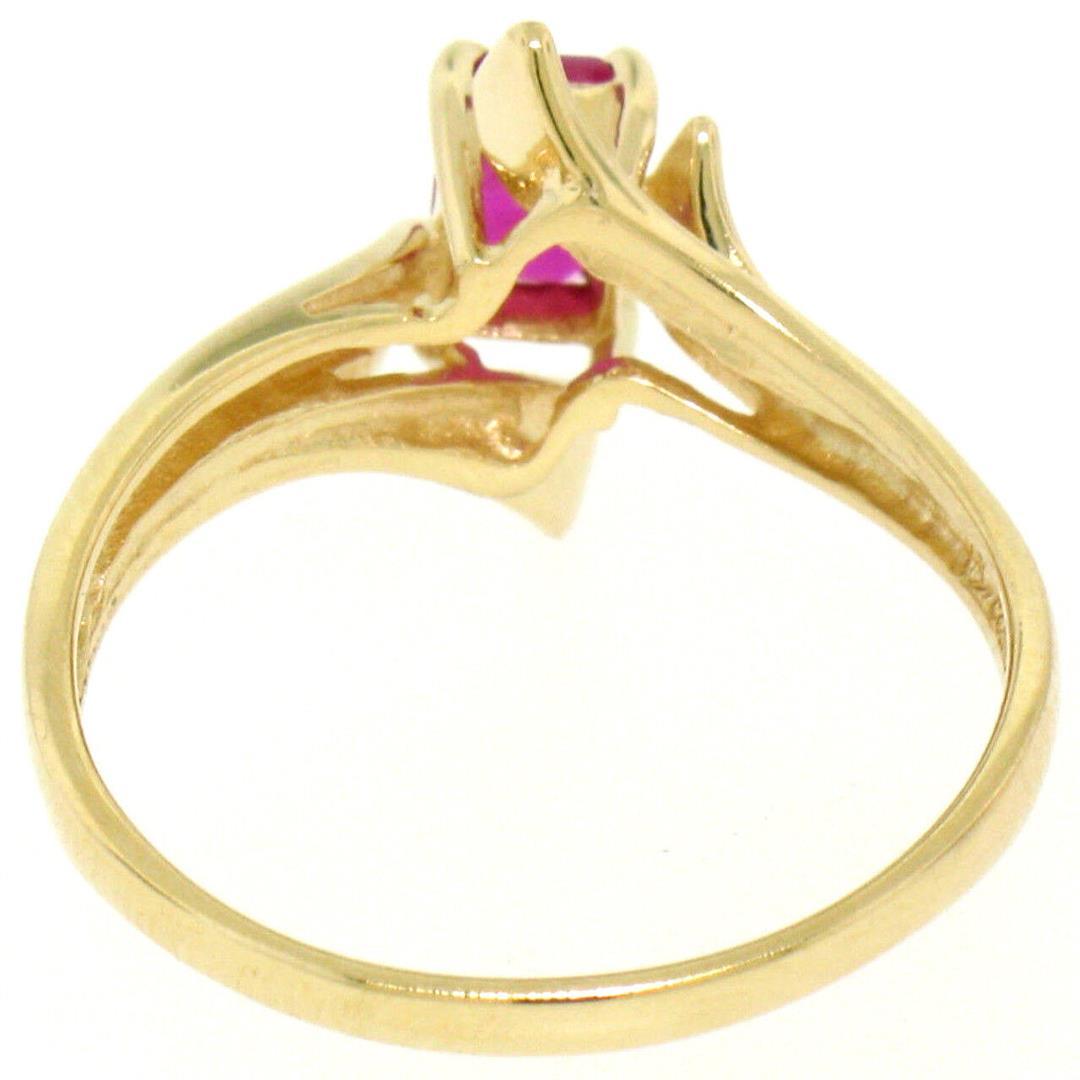 14K Solid Yellow Gold.83 ctw Prong Set Emerald Cut Red Ruby Solitaire Bypass Rin