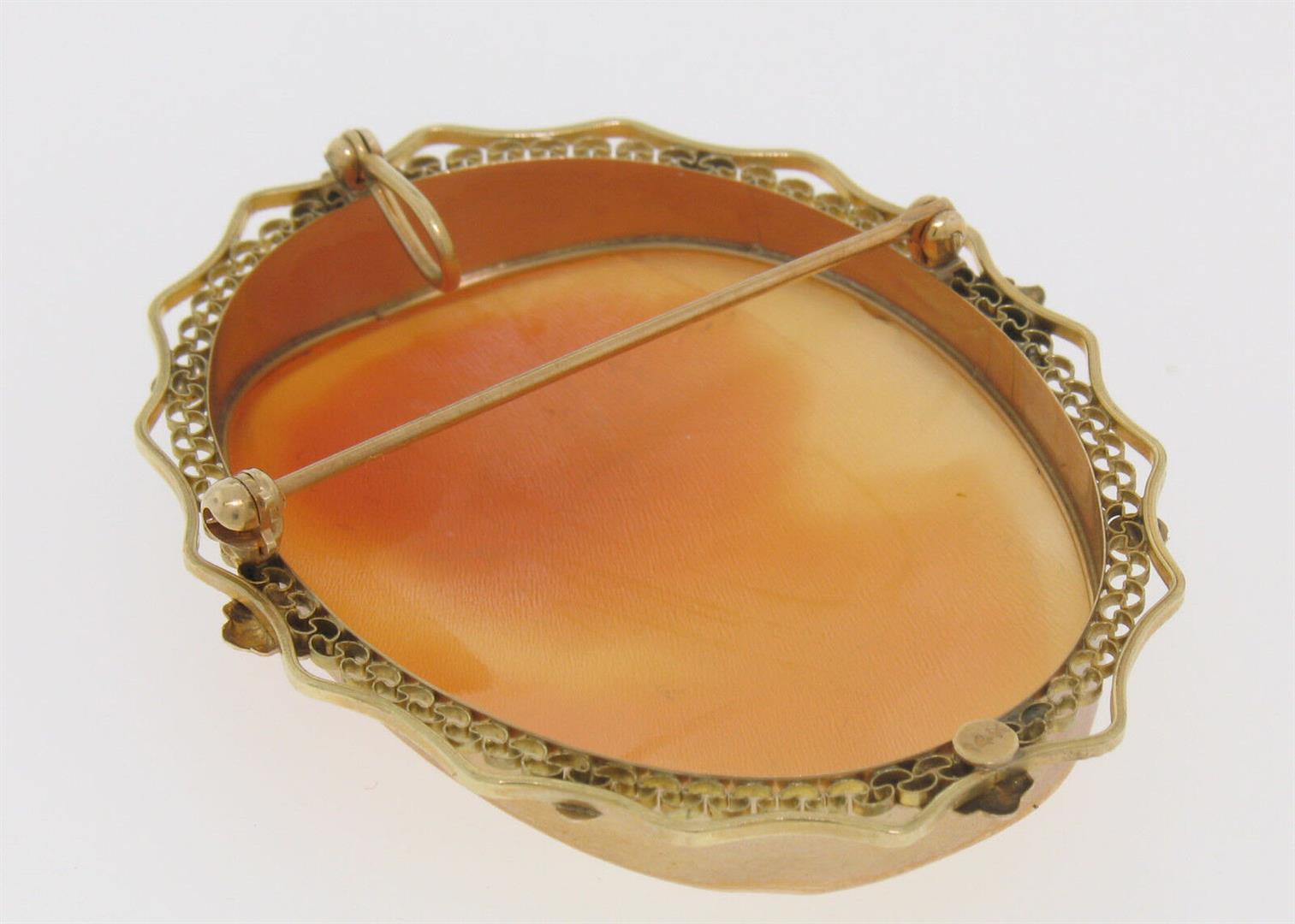 Vintage 14K Rose Gold Large Carved Shell Cameo Wavy Filigree Open Work Frame