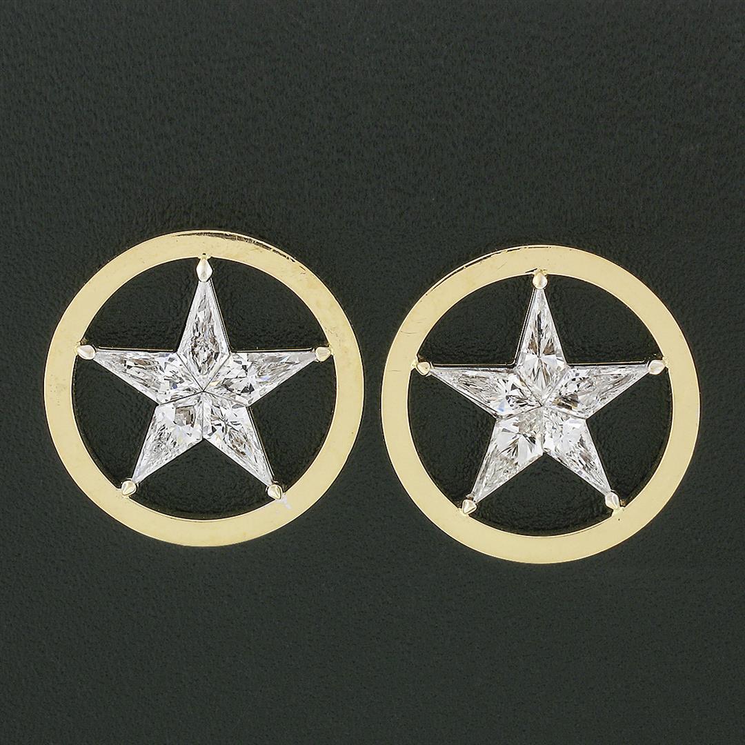 Vintage 18k Gold 2.75 ctw Floating Star Kite Cut Diamond Round Open Stud Earring