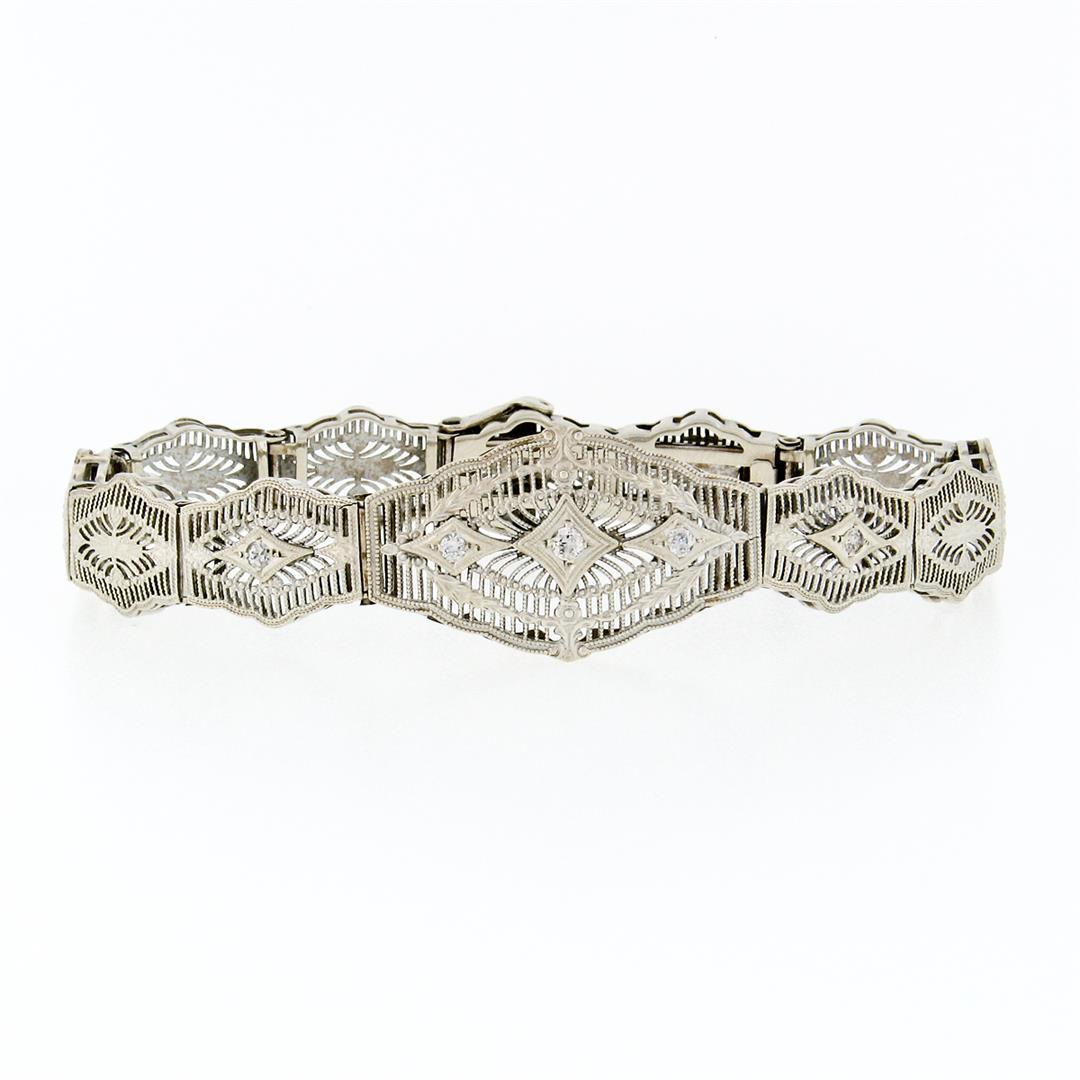 Antique Art Deco Esemco 14k White Gold Diamond Milgrain Filigree Buckle Bracelet