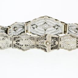 Antique Art Deco Esemco 14k White Gold Diamond Milgrain Filigree Buckle Bracelet