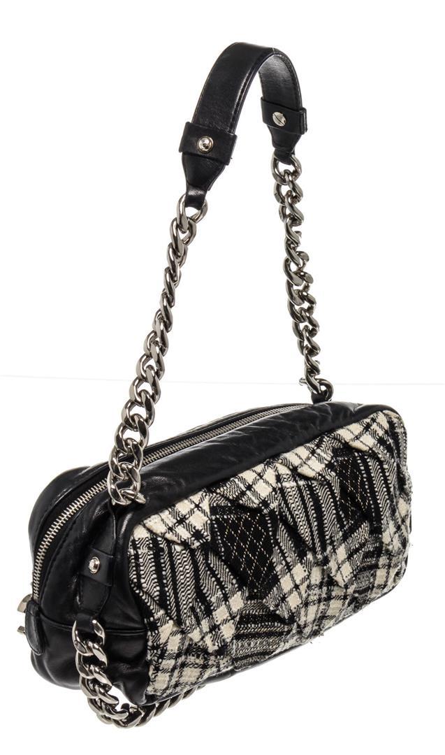 Chanel Black Canvas Leather Twisted Tweed Shoulder Bag