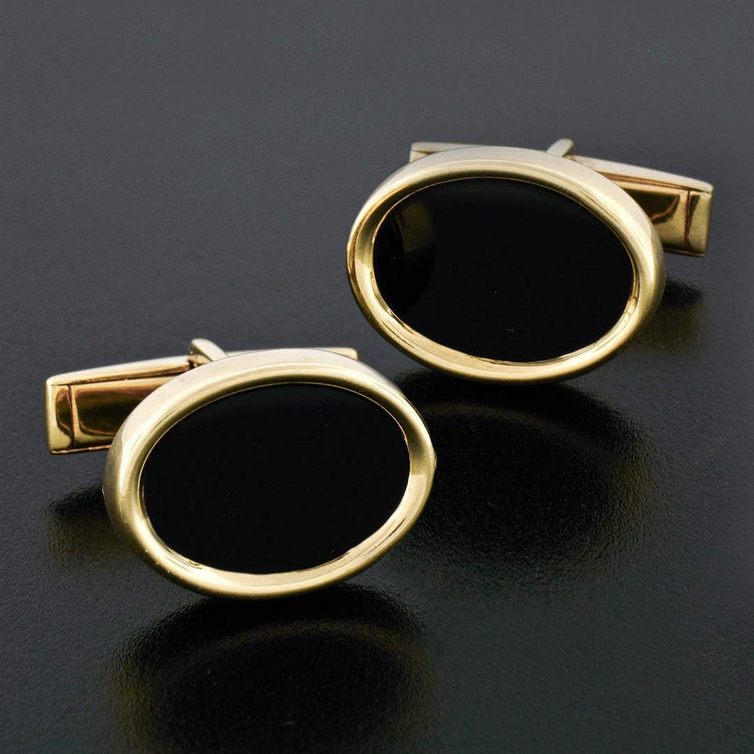 Vintage 14K Yellow Gold Classic Oval Cut Bezel Set Black Onyx Swivel Cuff Links