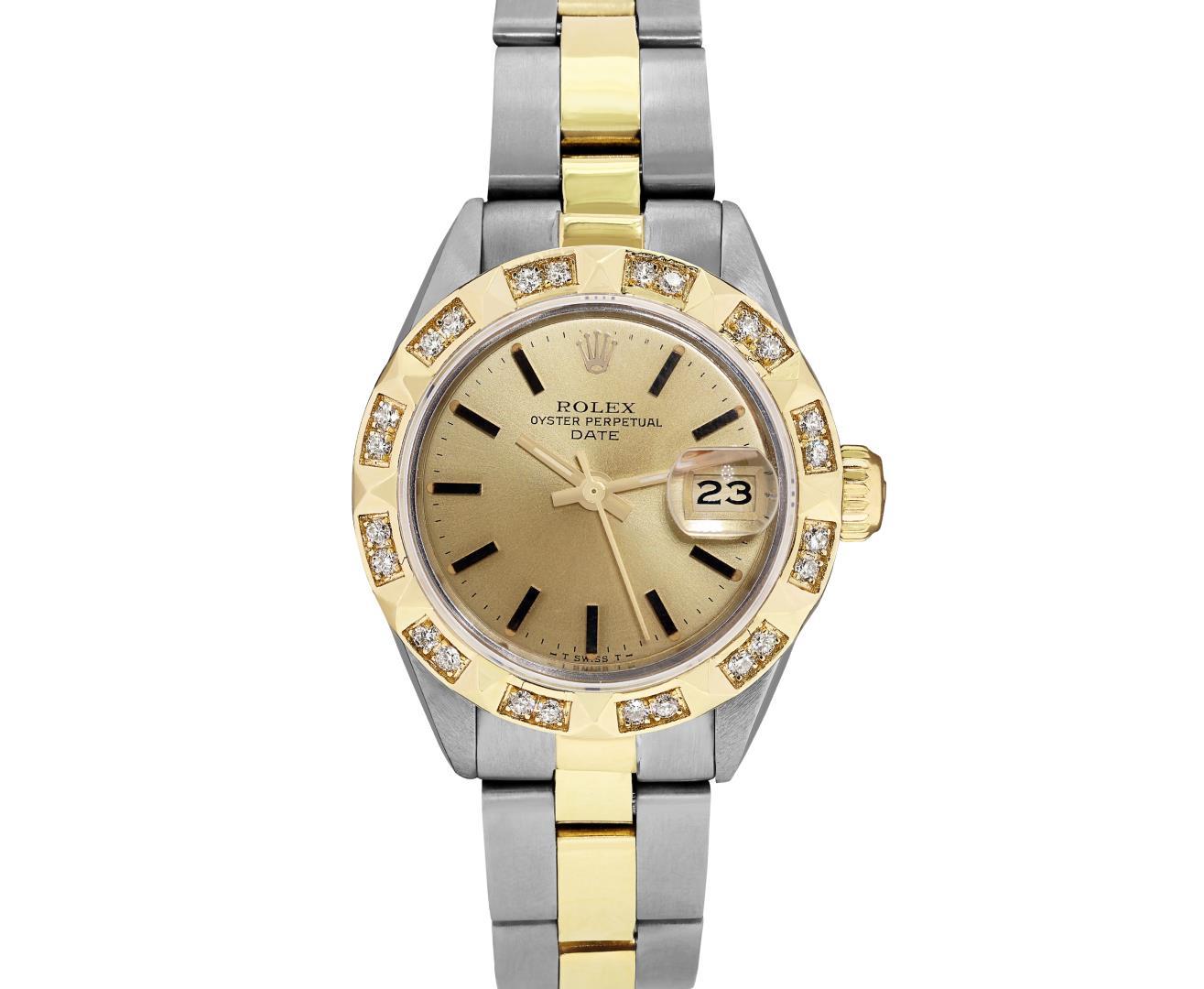 Rolex Ladies Two Tone Gold And Steel Champagne Dial Pyramid Bezel Oyster Band Da