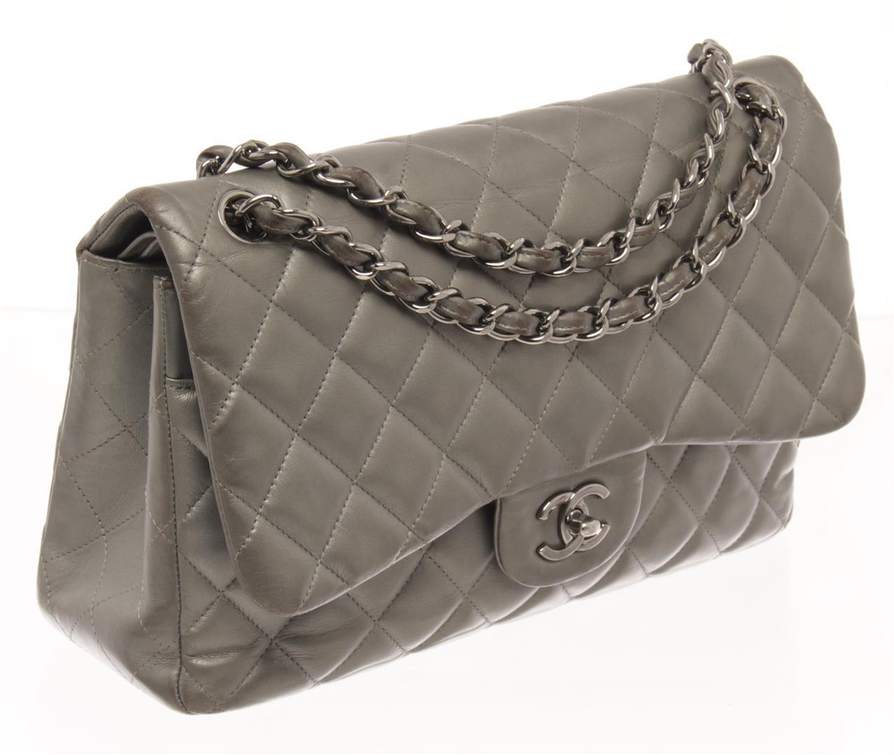 Chanel Grey Leather Large Double Flap Shoulder Bag