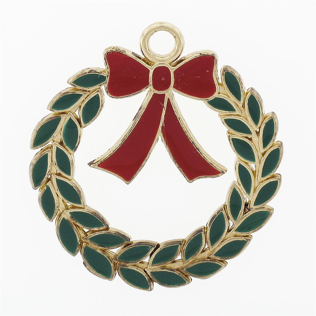 Vintage 14k Gold Christmas Wreath Green & Red Enamel Collectible Charm Pendant