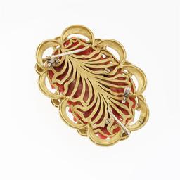 Large Vintage GIA NO DYE Carved Red Coral Brooch w/ Hand Engraved 18k Gold Frame